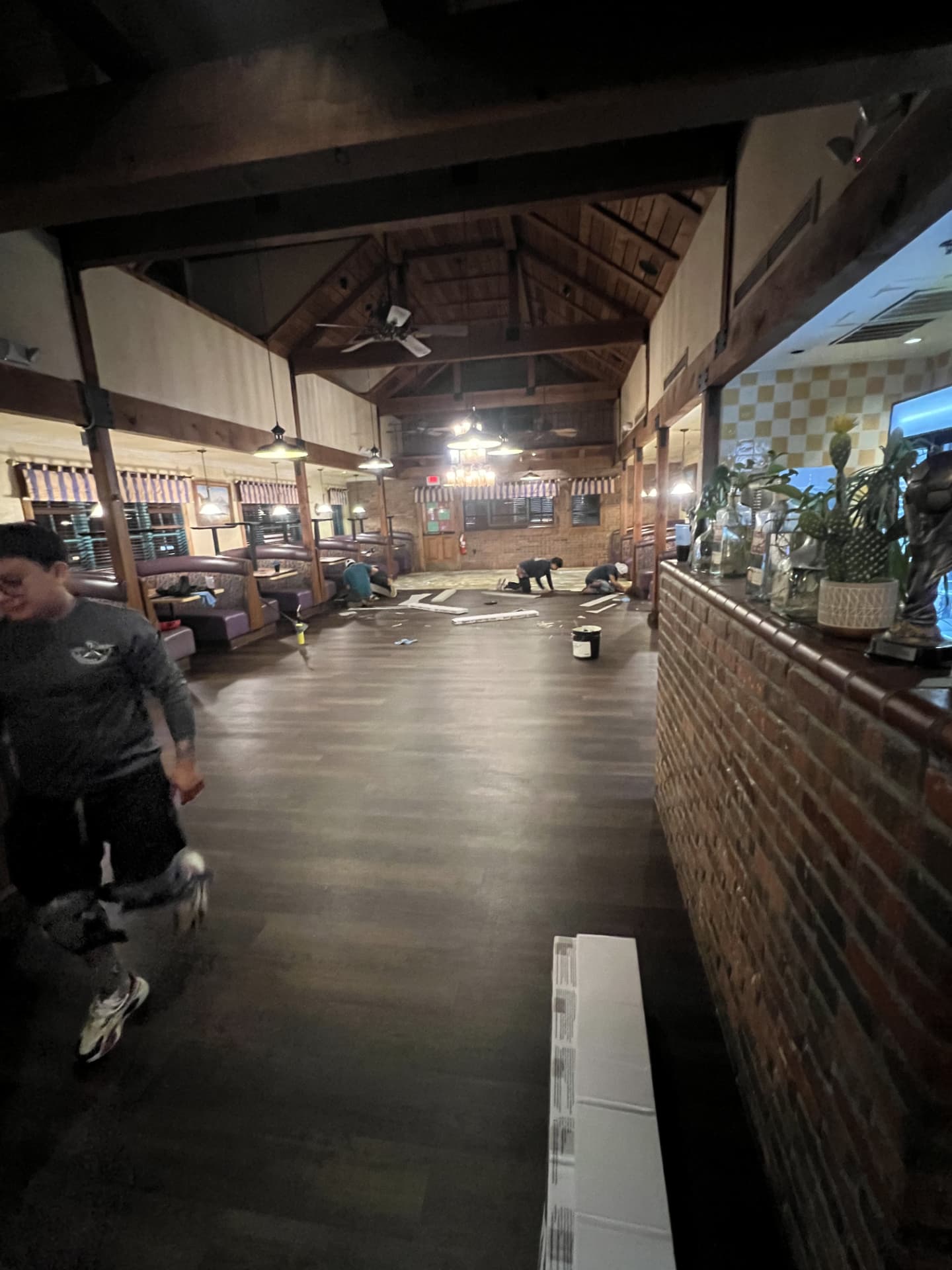 Commercial restaurant plank flooring installation in progress